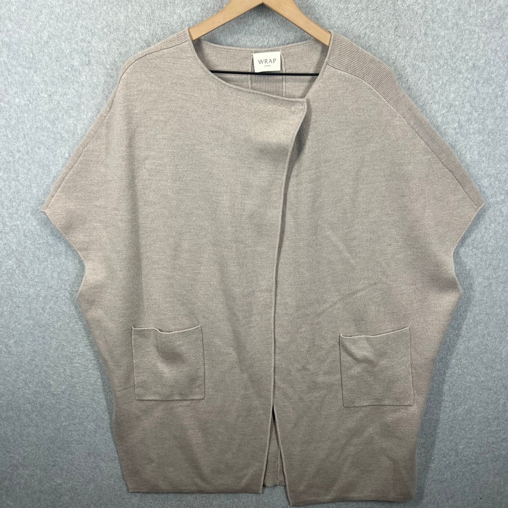 Wrap London Poncho Cardigan Women Size 8‎ Beige 100% Merino Wool Pockets EUC